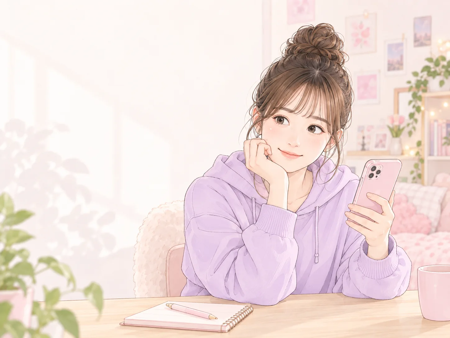 配信について考えながらスマートフォンを見る女性クリエイター