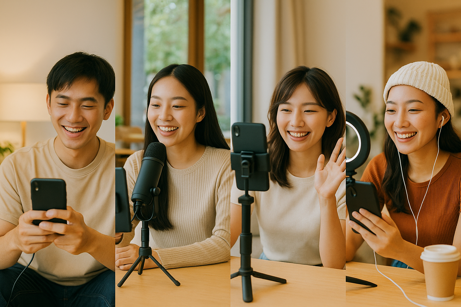 多様な配信者がそれぞれ異なる場所から配信している様子